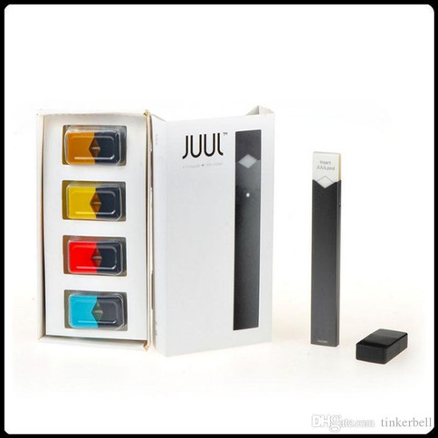 Juul electronic cigarette starter kit with box in four colors: black, silver, blue, and red.